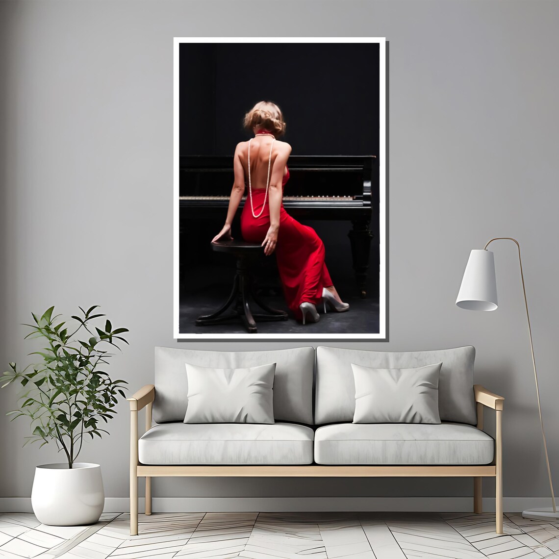 Woman in Red Backless Dress with Pearls at Piano Photo Poster - Image 2