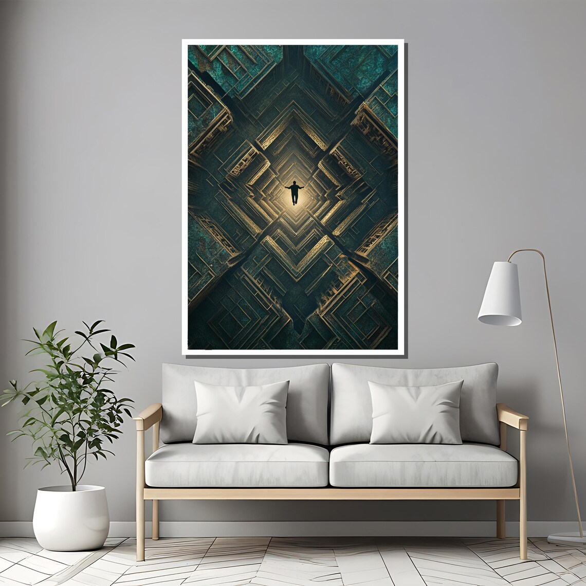 Floating Silhouette in a Dark Geometric Light Tunnel Art Poster - Image 2