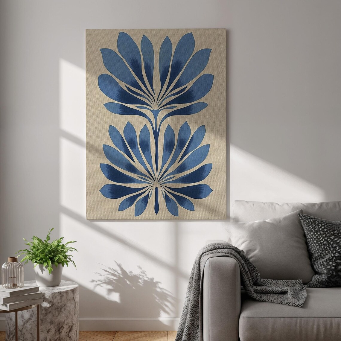 Blue Abstract Floral Canvas Wall Art Minimal Japandi Style Print Framed Neutral Botanical Decor Modern Organic Form Artwork For Home