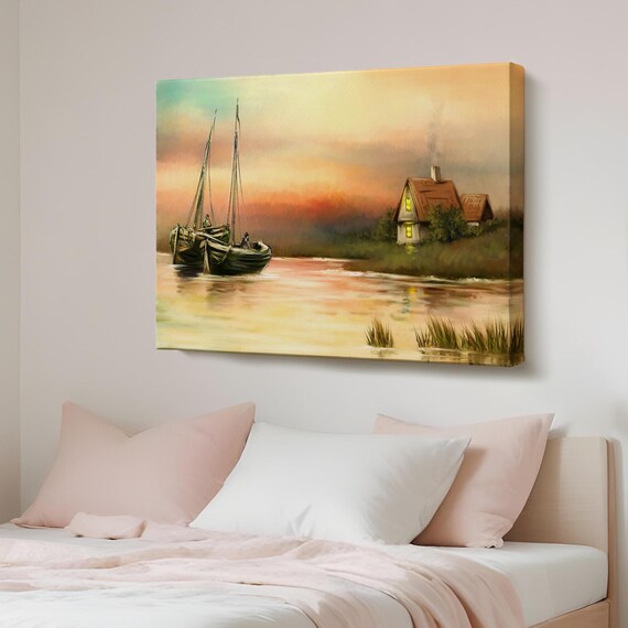 Sailboats by Cozy Cottage at Sunset Tranquil Lake Painting Poster