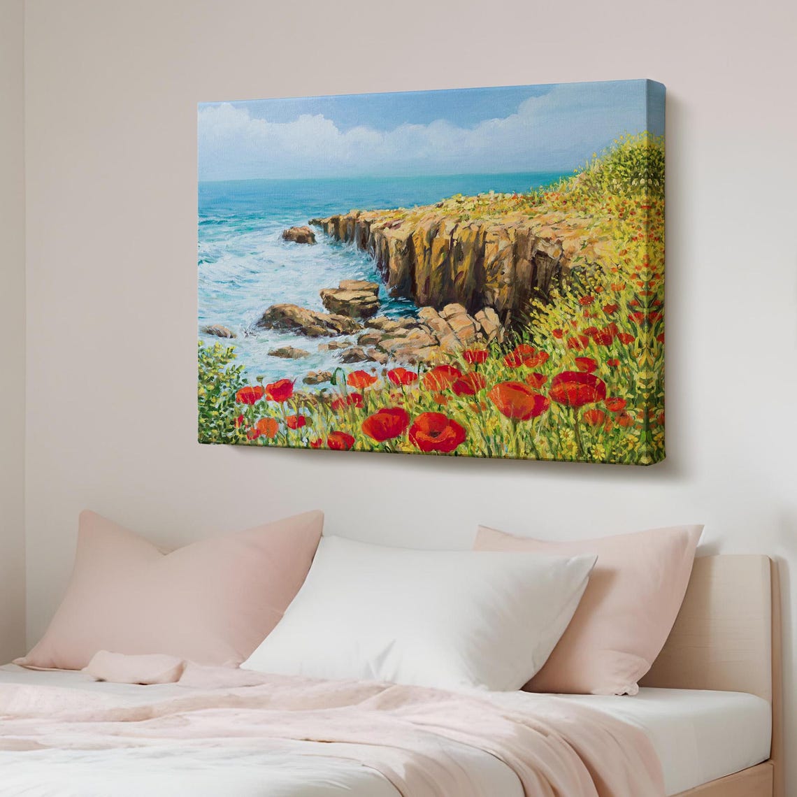 Red Poppies On Rocky Cliff Coast Ocean View Floral Scene Poster