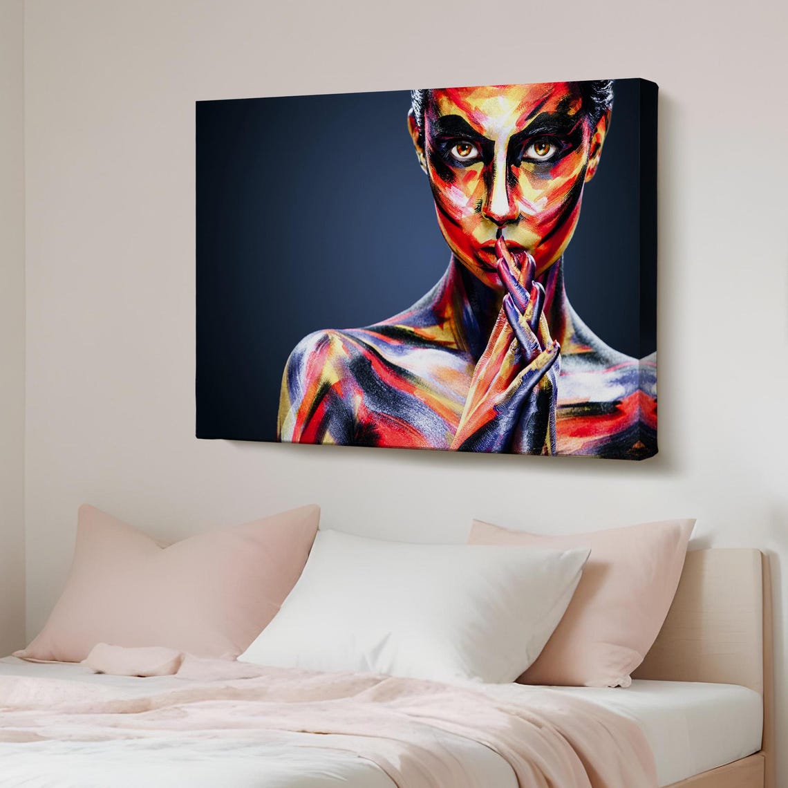 Colorful Body Paint Woman Portrait Prayer Hands Dark Canvas Poster
