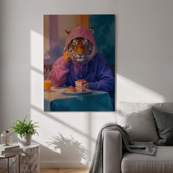 Tiger Eating Cake Canvas Wall Art Funny Animal Portrait Poster Surreal Hoodie Print For Cool Kitchen Decor Framed Whimsical