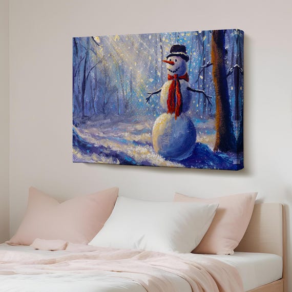 Snowman Illuminated By Sunrays In The Forest Painting Nature Canvas Print Art Wall Decor