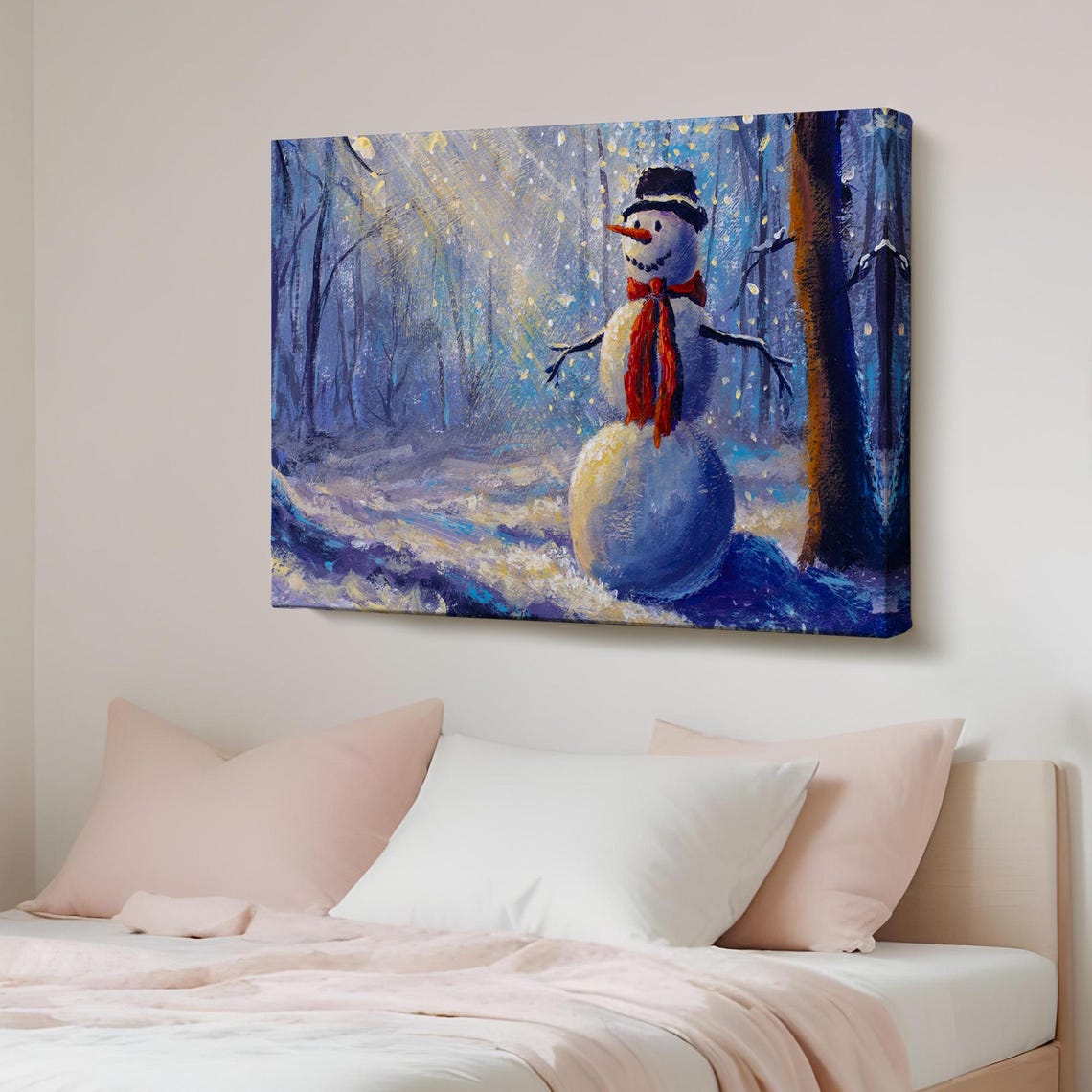 Cheerful Snowman in Moonlit Snowy Forest Christmas Scene Poster