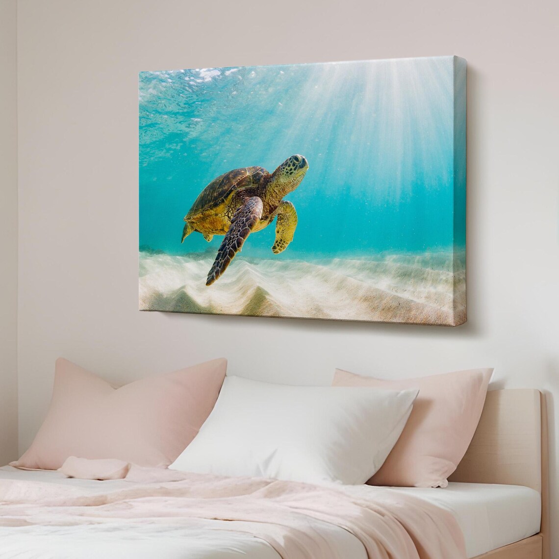 Green Sea Turtle Swimming in Turquoise Ocean Sunlight Photo Poster