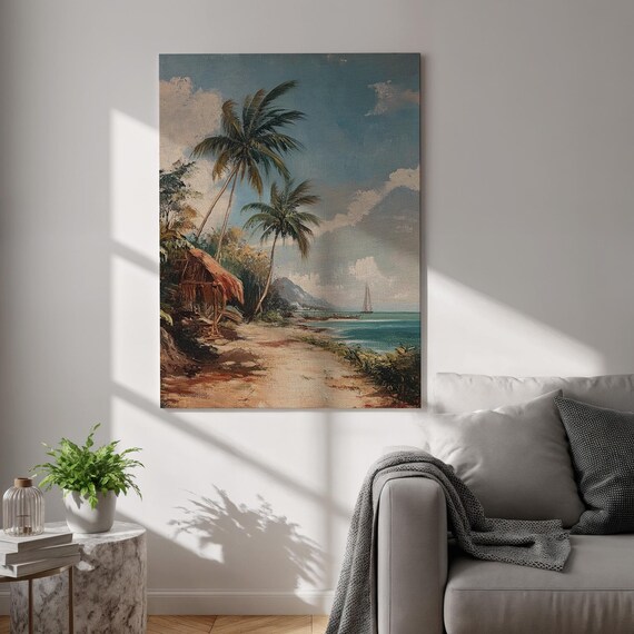 Tropical Beach Palm Trees Beach Hut Sailboat Vintage Travel Poster