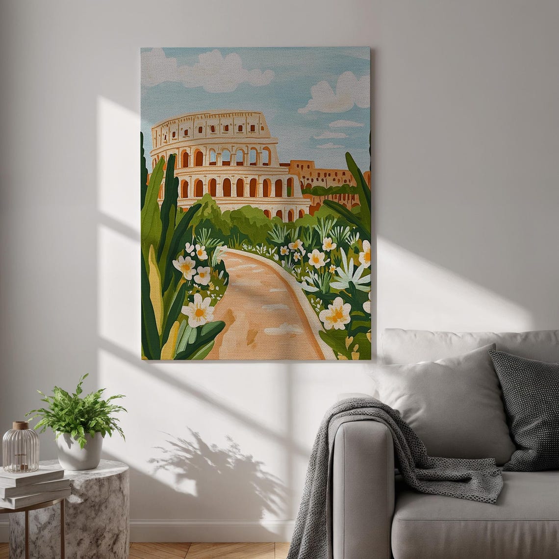 Rome Colosseum Garden Path Floral Illustration Italy Travel Poster