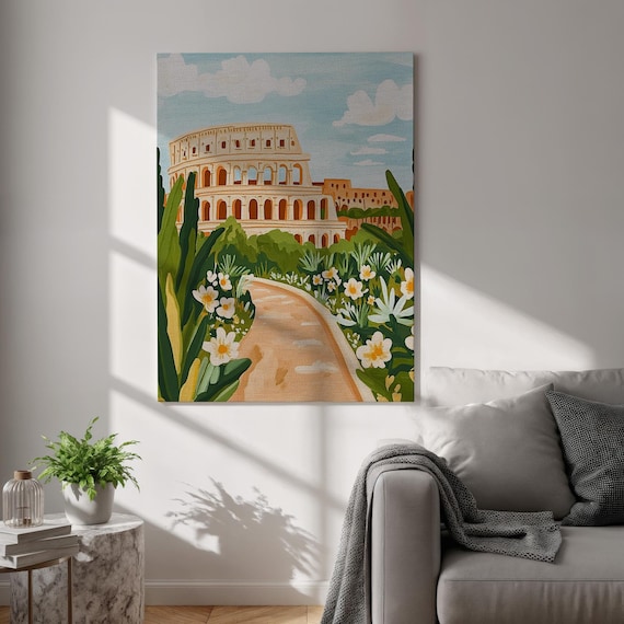 Rome Colosseum Garden Path Floral Illustration Italy Travel Poster