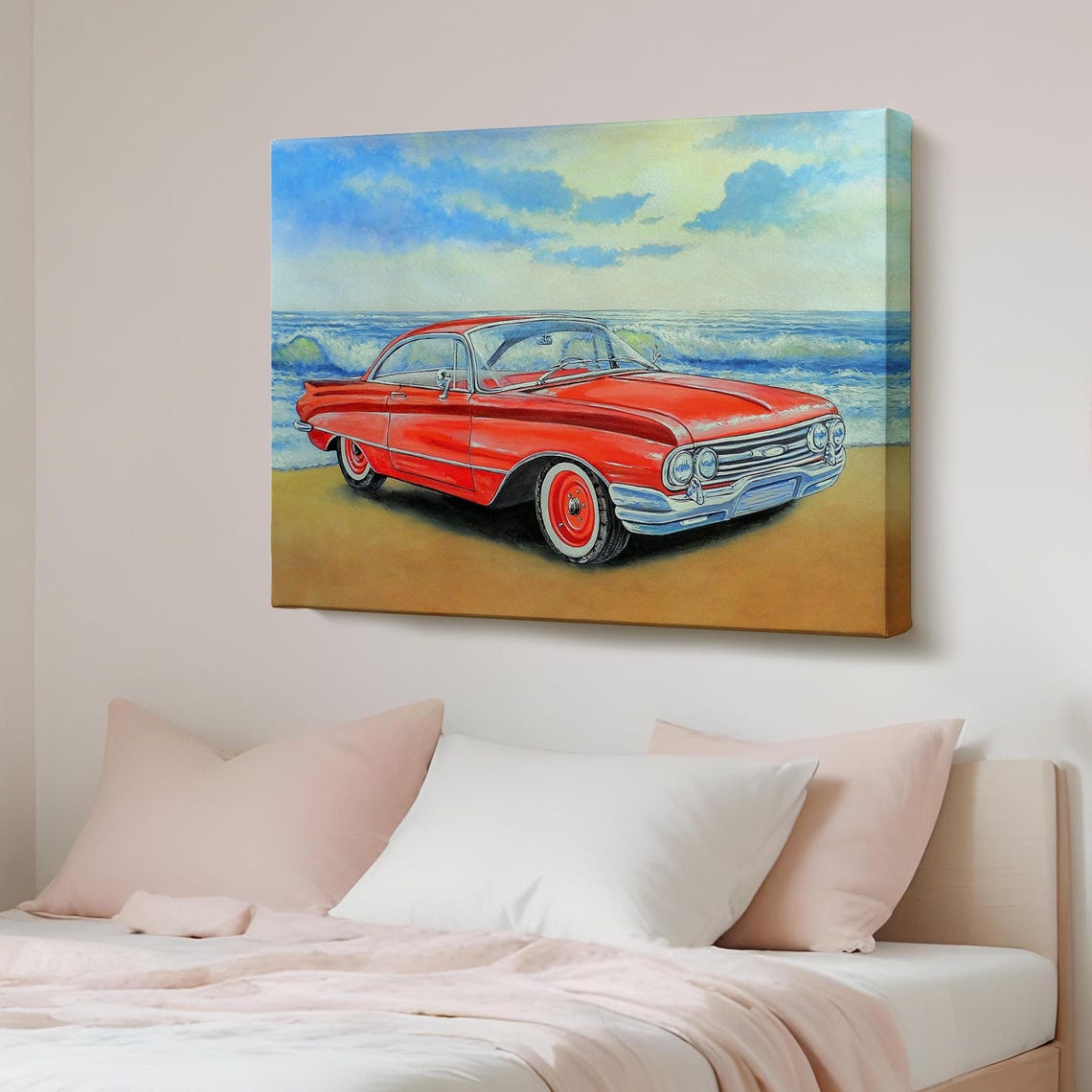 Red Classic Vintage Coupe Parked on Sandy Beach Ocean Waves Poster