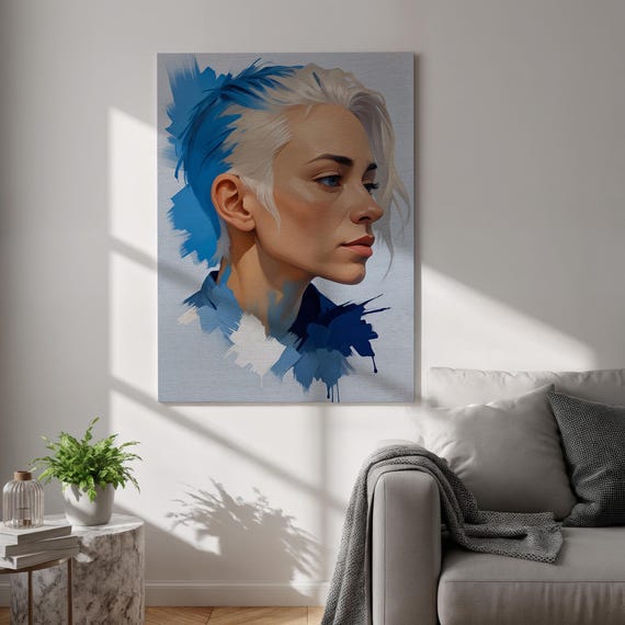 Blue Brush Stroke Woman Portrait Canvas Modern Female Wall Art Abstract Face Painting Print Framed Contemporary Artwork For Bedroom