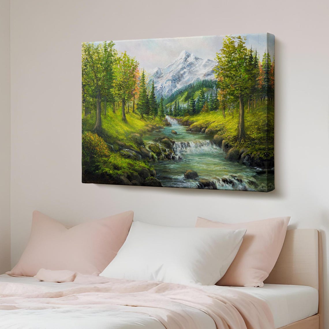 Mountain Stream Waterfall Snow Capped Peak Spring Landscape Poster