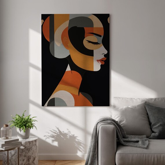Cubist Woman Portrait Geometric Orange Black Modern Art Poster