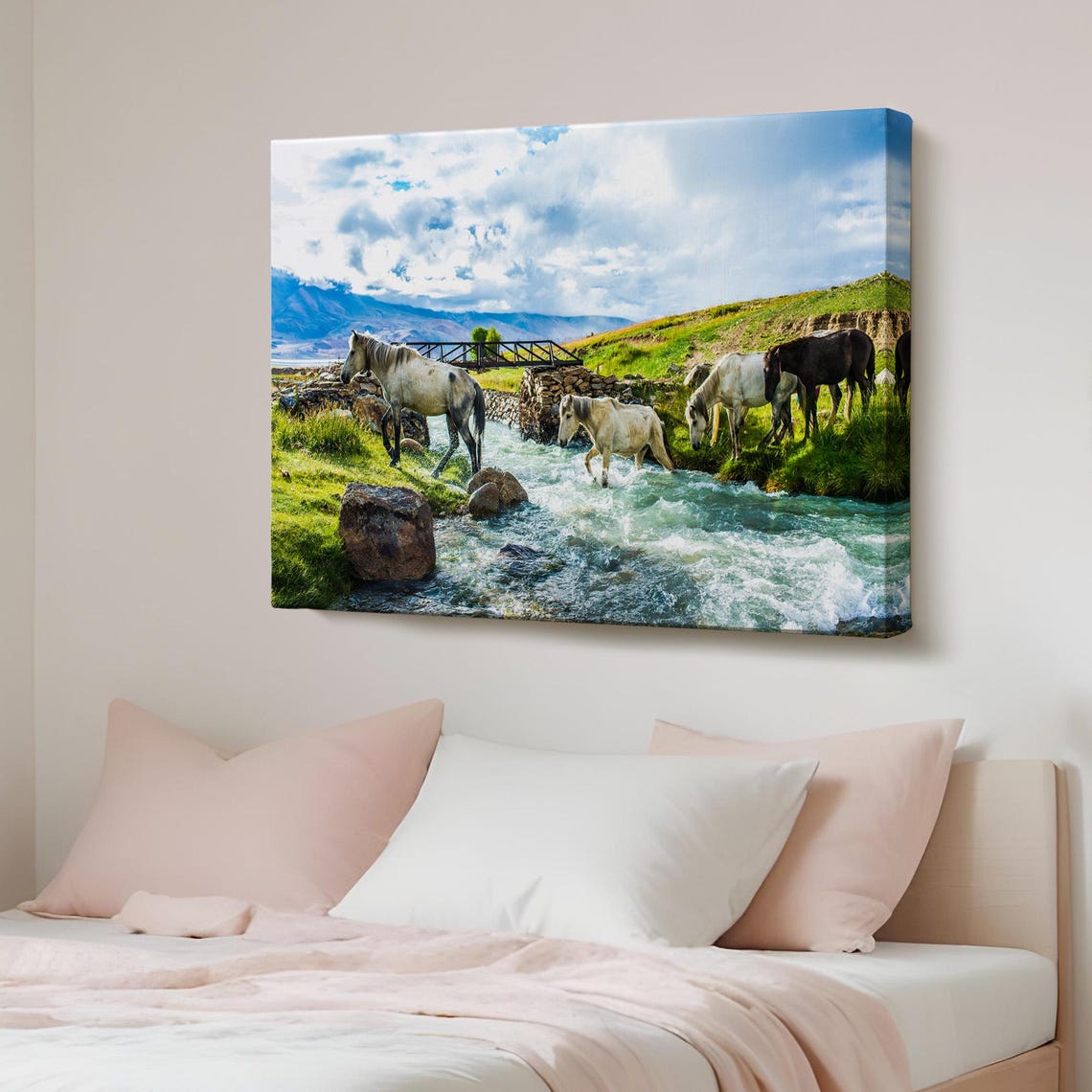 Wild Horses Crossing Mountain River Canvas Nature Photo Art Poster