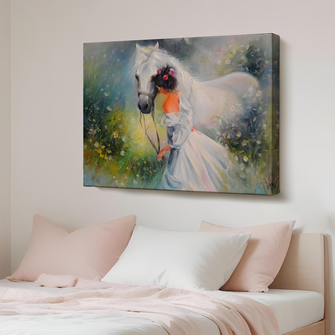 Girl With White Horse Flower Meadow Romantic Oil Painting Style Poster