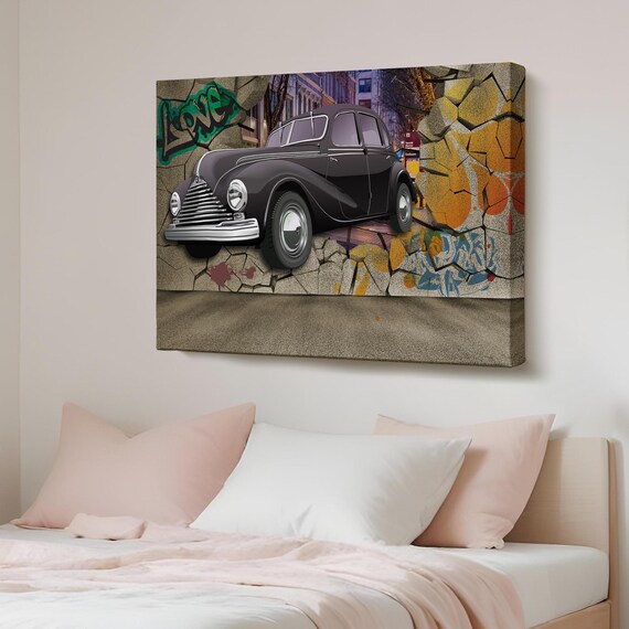 Vintage Black Classic Car Bursting Through Brick Wall Print Art