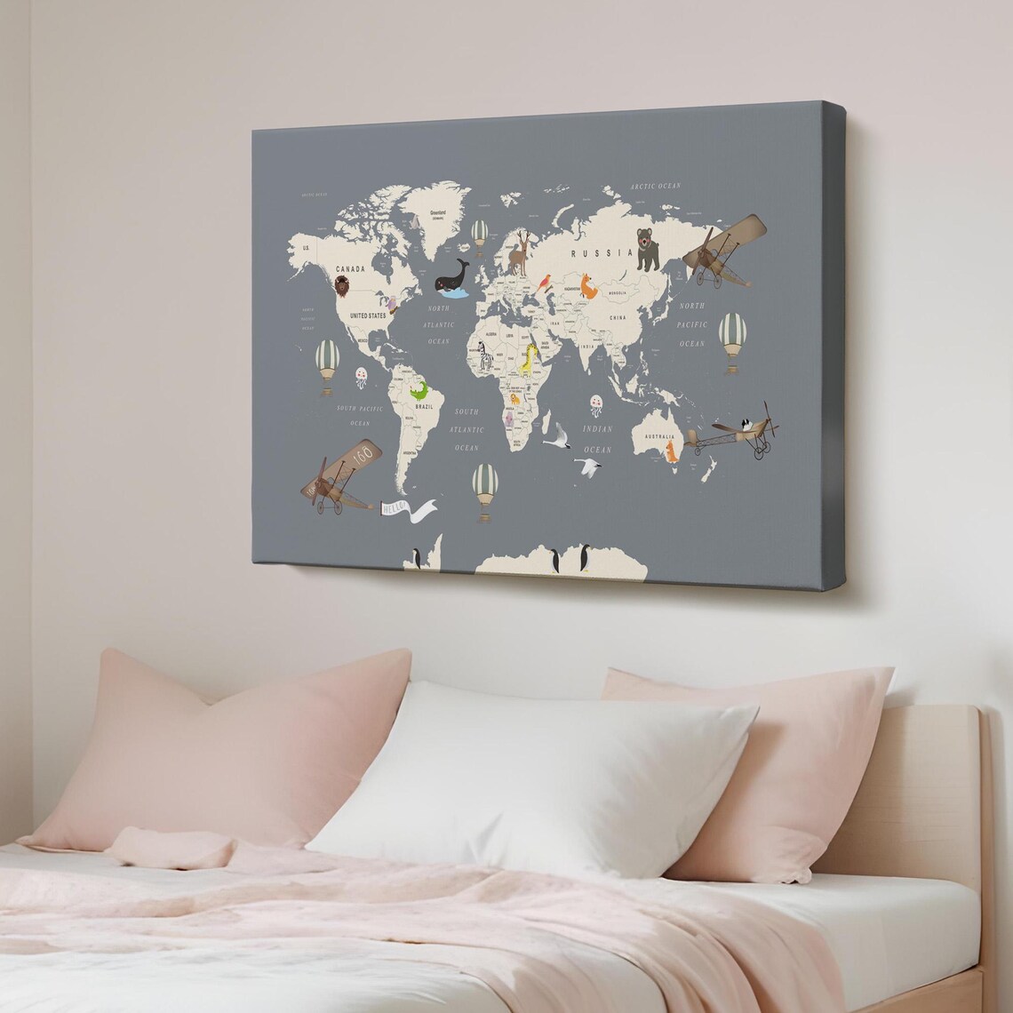 Decorative World Map Canvas Wall Art For Childrens Room Classic Modern Decor Framed