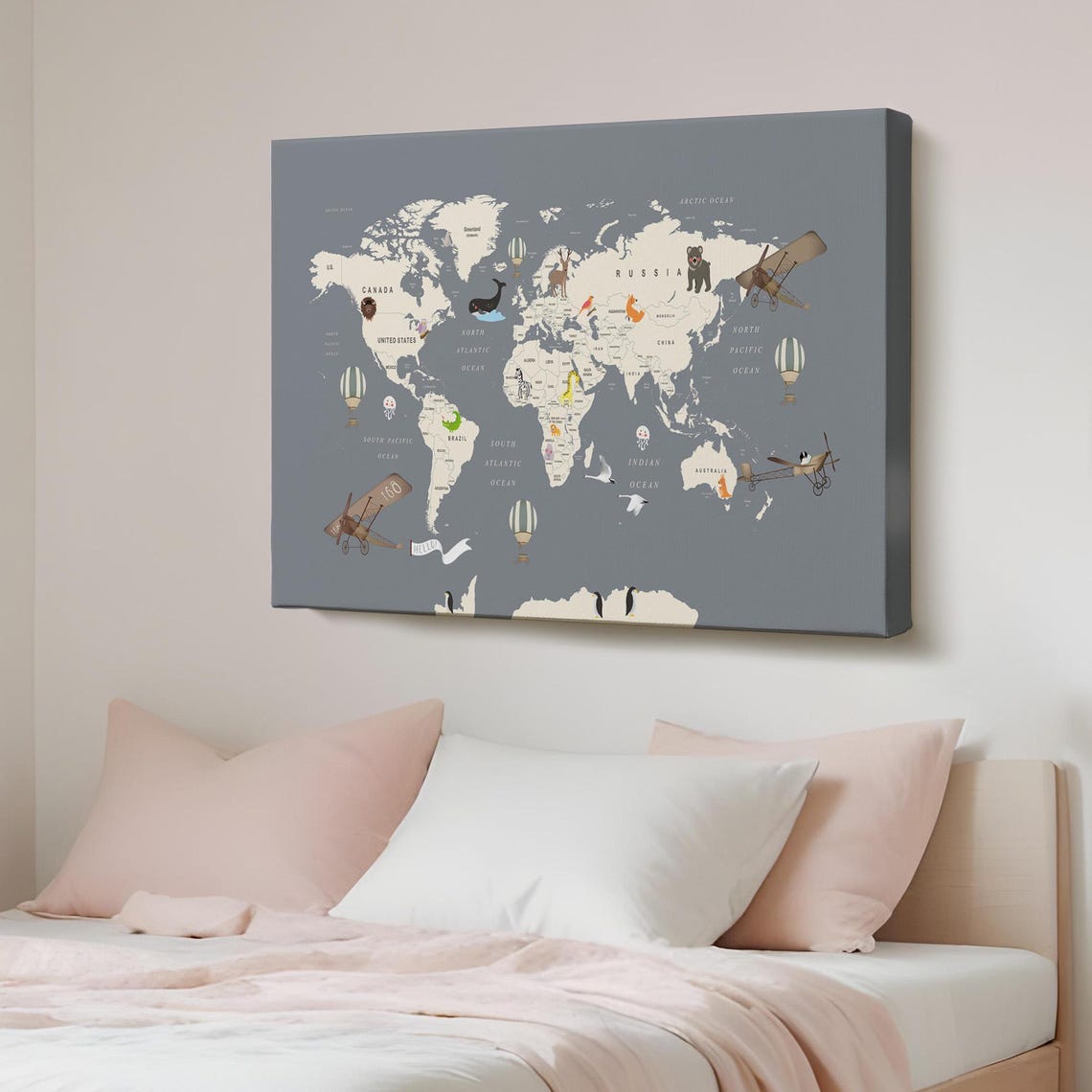 Kids World Map Illustrated Animals Vintage Planes Nursery Wall Art