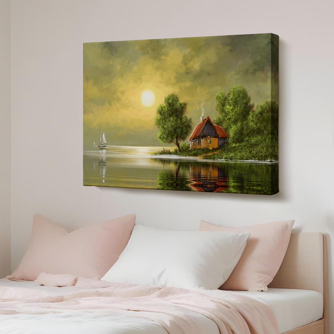 Lakeside Cottage Sunset Calm Water Sailboat Oil Painting Poster