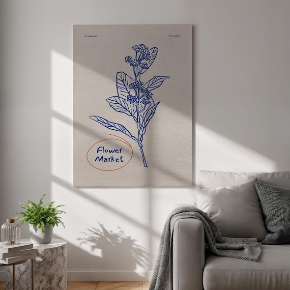 Blue Flower Market Wildflowers Minimalist Botanical Line Art Plant Poster