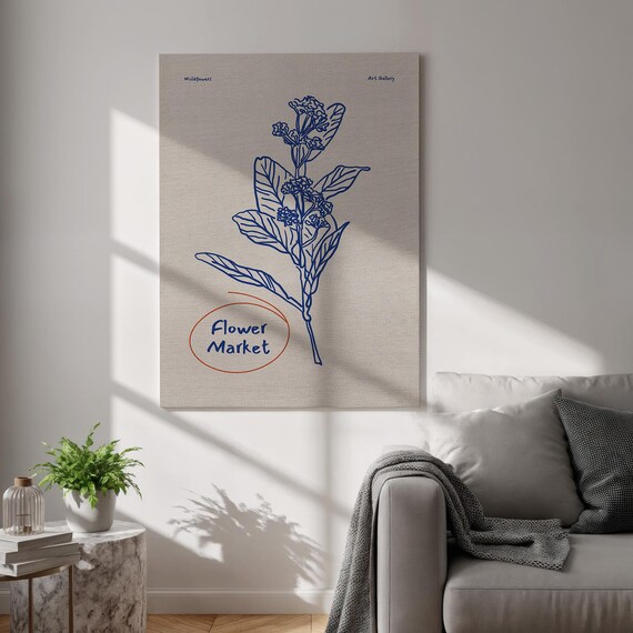 Flower Market Canvas Print Minimalist Botanical Wall Art Blue Line Drawing Poster Framed Gallery Style Decor For Home Office And Bedroom