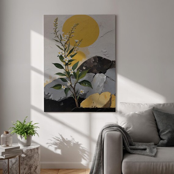 Japandi Floral Golden Sun Serene Minimal Modern Botanical Canvas Poster