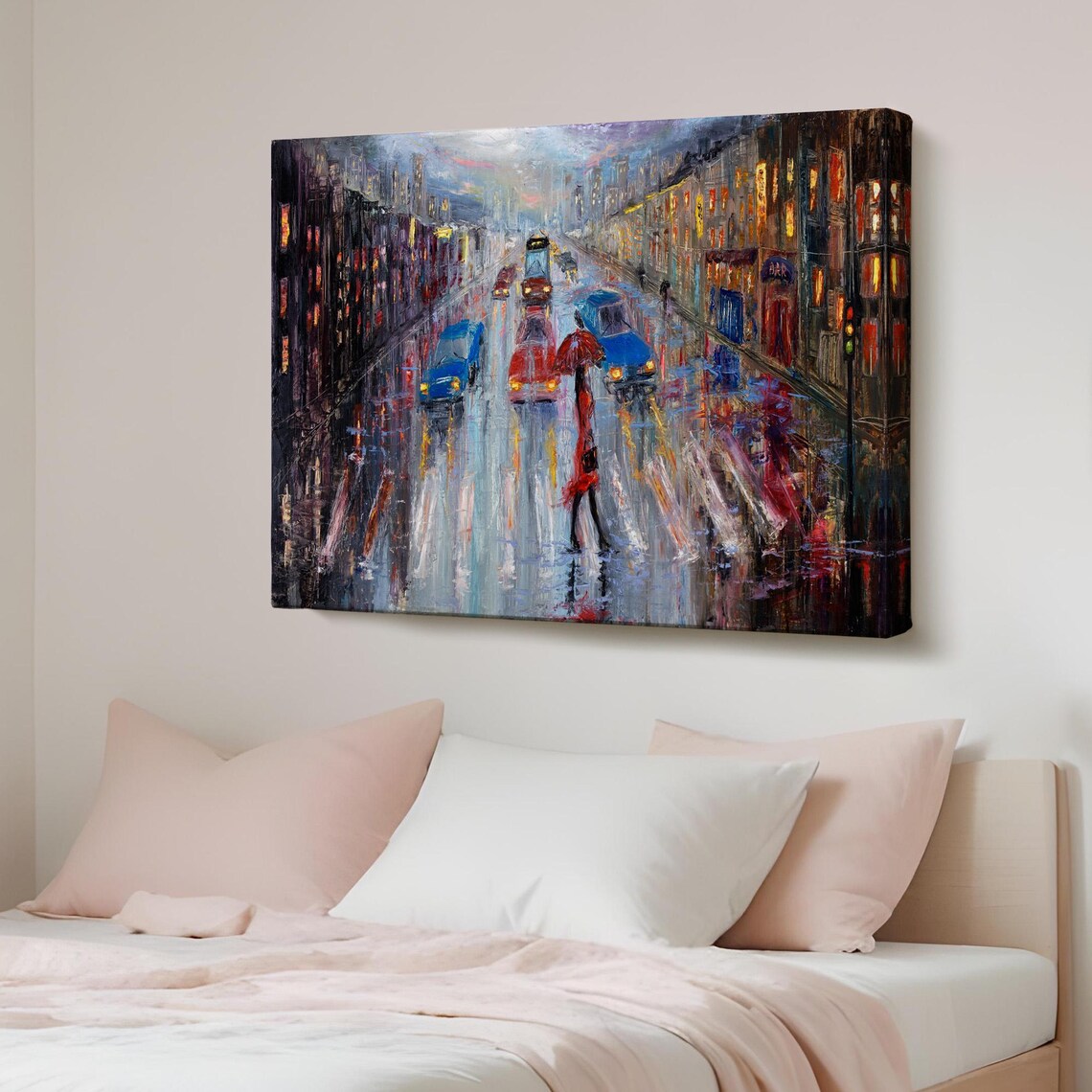 Rainy Wet City Street Taxi Umbrella Impressionist Night Poster