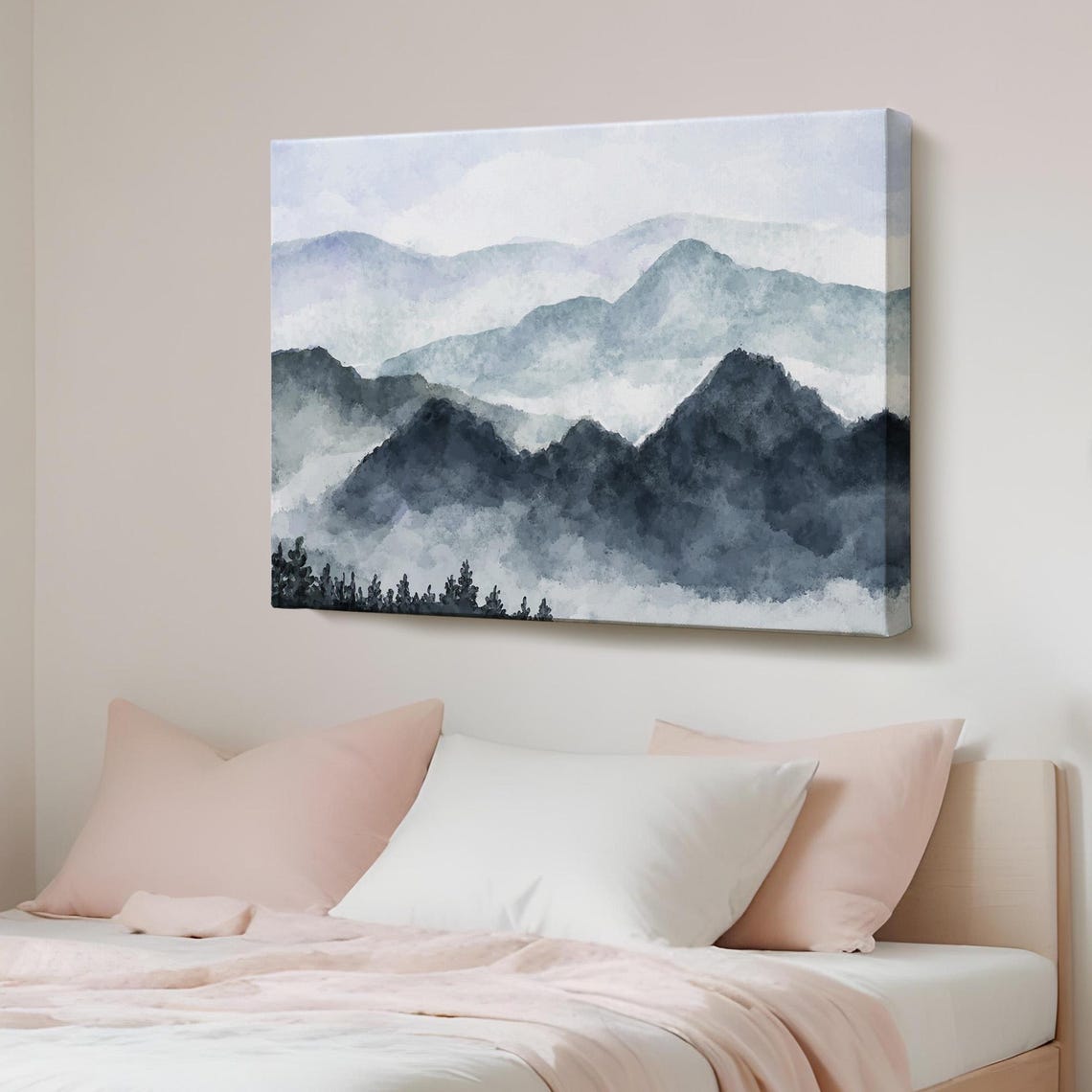 Misty Blue Mountain Layers Watercolor Serene Landscape Canvas Print