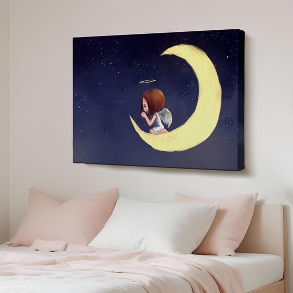 Angel Girl Praying On The Moon Canvas Wall Art Abstract Modern Decor Large Framed Housewarming Gifts
