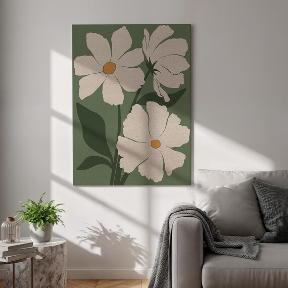 White Daisy Botanical Modern Floral Green Cream Flower Kitchen Decor Poster