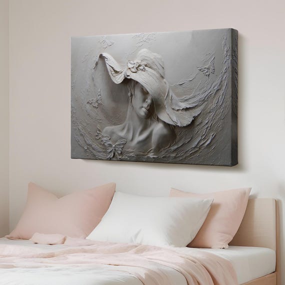Embossed Woman With Hat Decorative Canvas Wall Painting Room Decor Large Hanging Housewarming Gifts Art