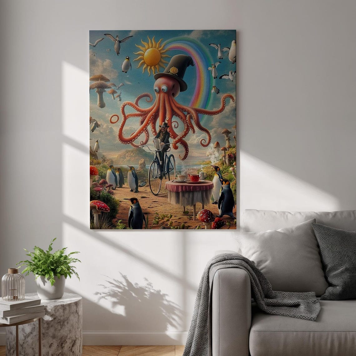 Surreal Octopus and Penguins Whimsical Tea Party Fantasy Poster