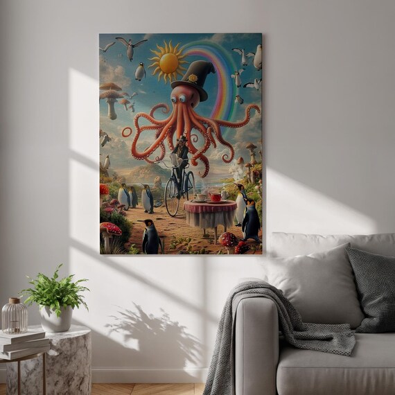 Surreal Octopus and Penguins Whimsical Tea Party Fantasy Poster