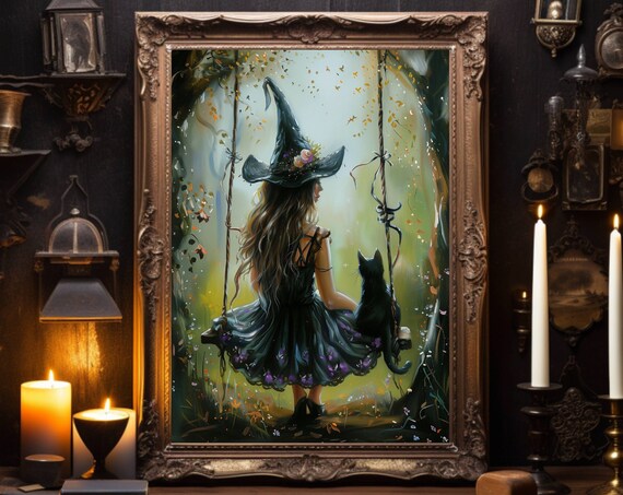 Witch On A Garden Swing With Black Cat Seen From Behind Poster
