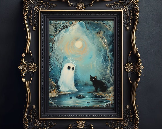 Ghost and Black Cat Halloween Poster, Whimsigoth