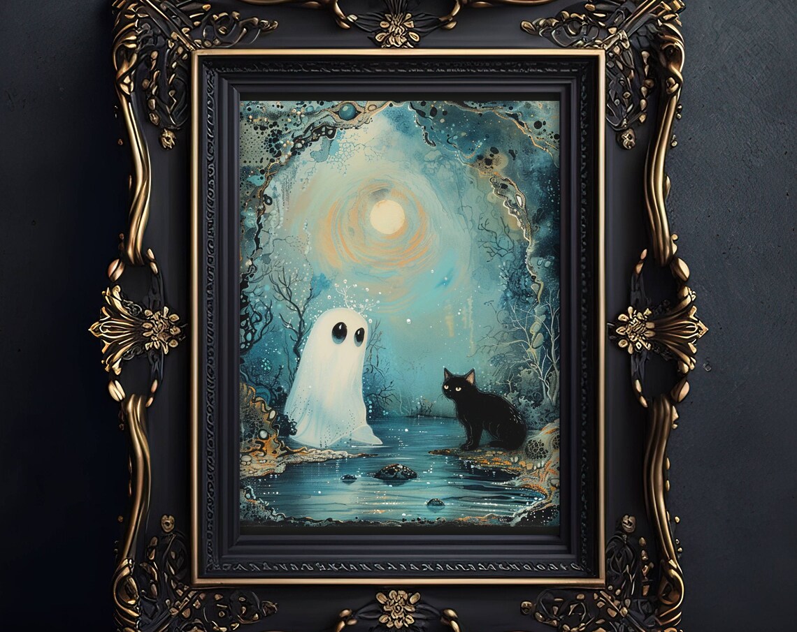 Ghost and Black Cat Halloween Poster, Whimsigoth