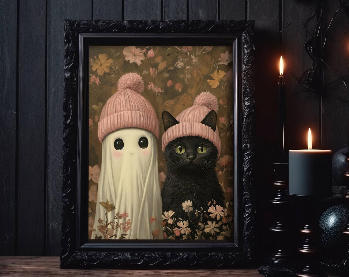Ghost And Black Cat In Pink Winter Hats Cute Floral Art Poster