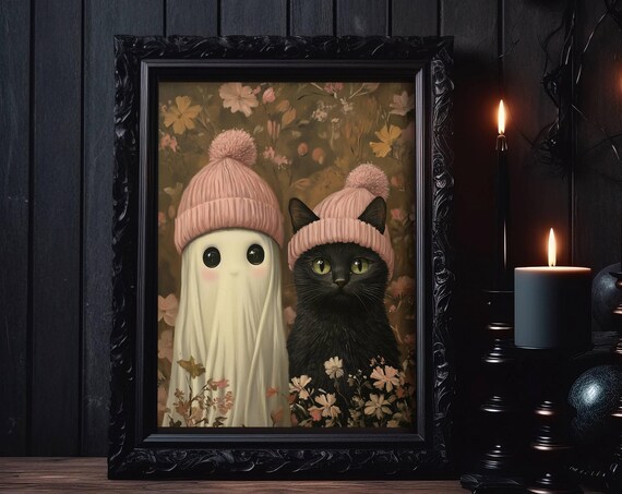 Ghost And Black Cat In Pink Winter Hats Cute Floral Art Poster