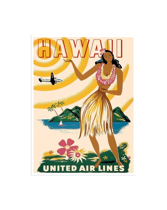 Hawaii Retro Travel Poster, Ocean and Beach