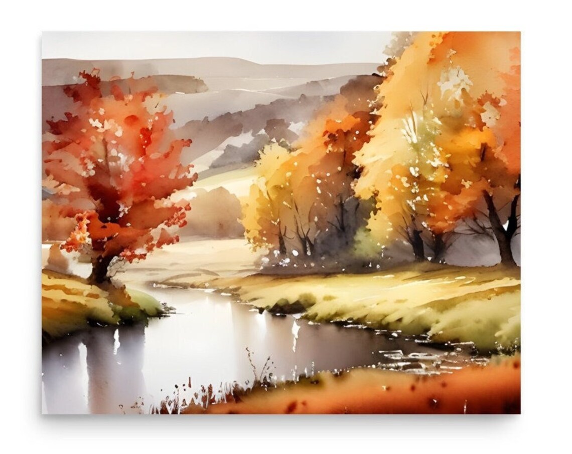 Autumn River Landscape Watercolor With Golden Fall Trees Poster