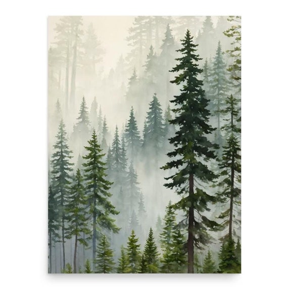 Pacific Northwest Foggy Pine Forest Painting Smoky Mountain Forest Watercolor Art Print Pine Trees Wall Art Evergreen Forest Art Sage Green