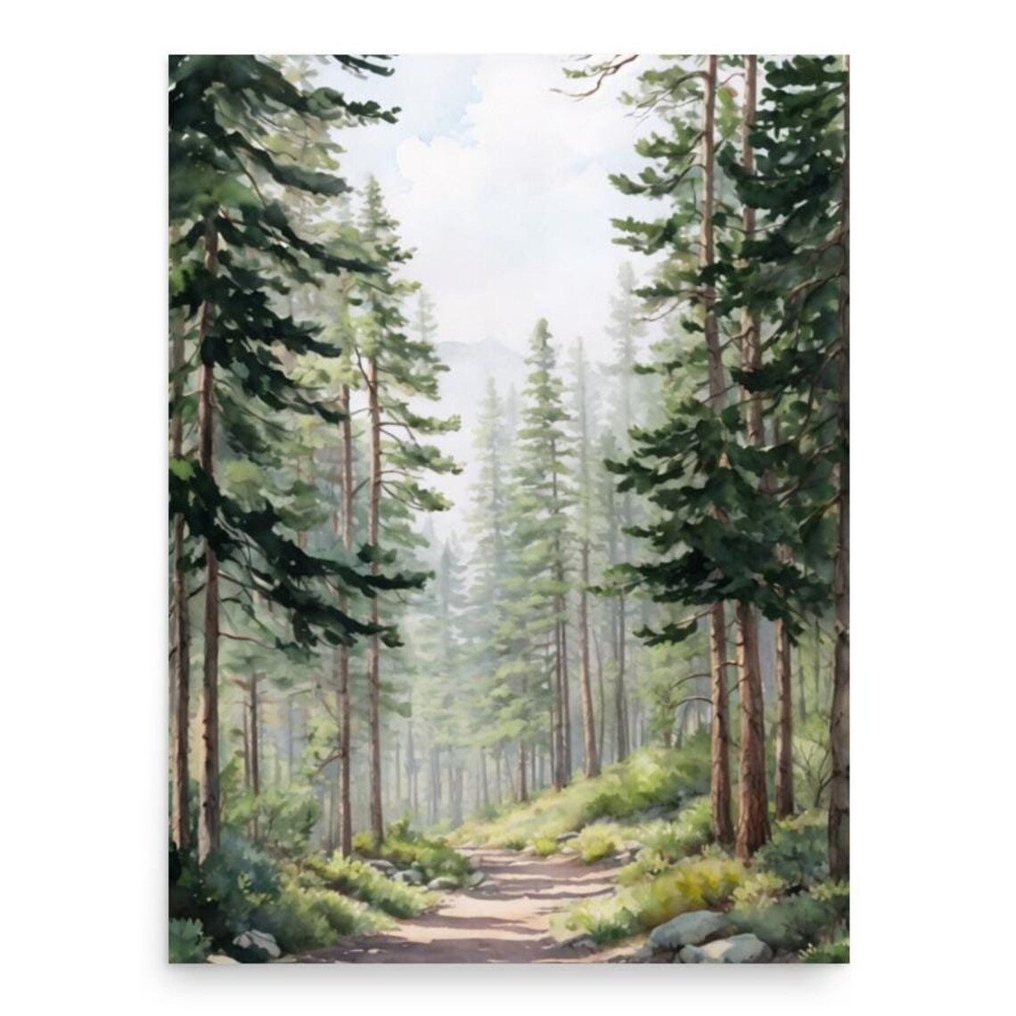 Foggy Pine Forest Watercolor Art Print, Pacific Northwest