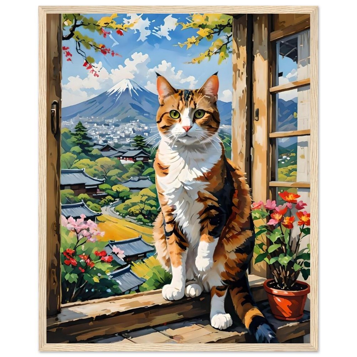 Calico Cat by Window With Mount Fuji View Japanese Village Poster