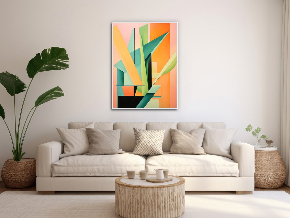 Tropical Geometric Shard Leaves Teal Peach Orange Abstract Poster - Image 3