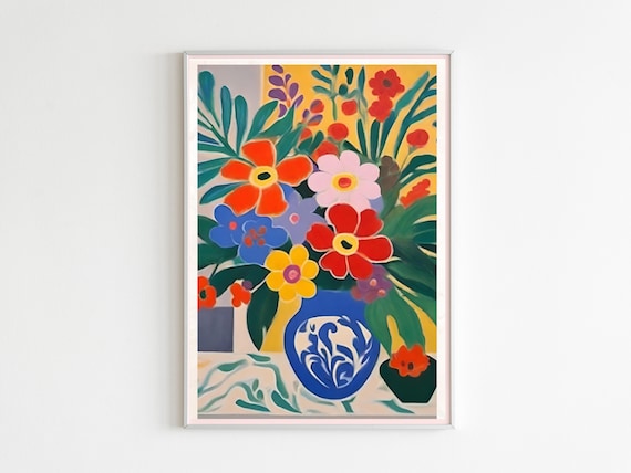 Bold Red Orange Bouquet Blue Vase Matisse Inspired Floral Art Poster
