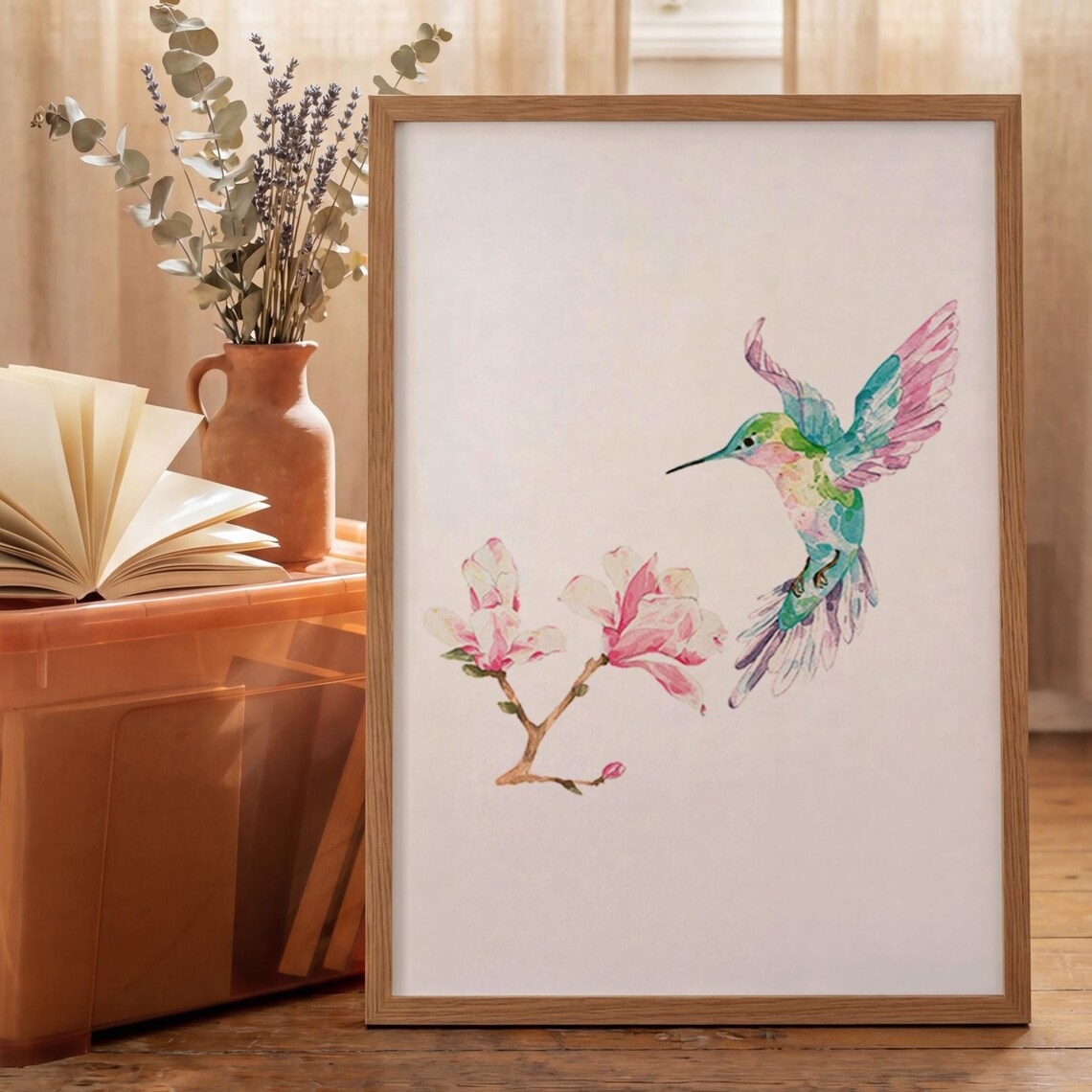 Ruby Throated Hummingbird Watercolor Spring Floral Art Poster