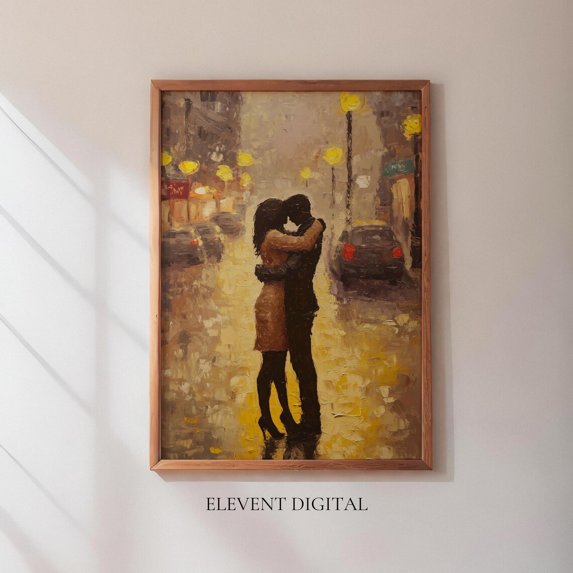 Romantic Embrace Golden Rain City Street Lamp Painting Wall Art