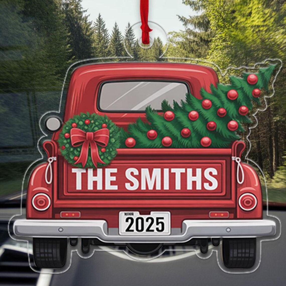 Personalized Vintage Red Truck 2025 Family Name Christmas Ornament Poster