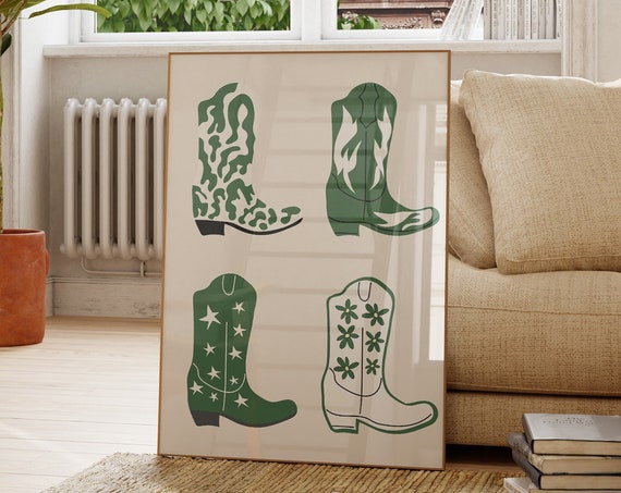 Cowboy Boots Print Western Art Print Minimalist Western Poster Green Western Wall Art Wild West Print Retro Art 1 Print
