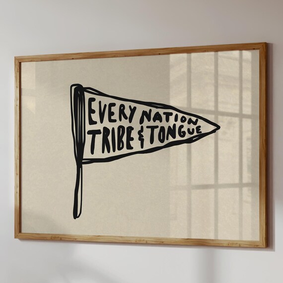 Hand Drawn Bible Print Every Nation Tribe Tongue Retro Pennant Style Digital Download Horizontal